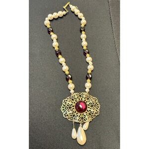 Vintage V.A. Faux Pearl Purple Glass Bead Filigree Pendant Necklace Gold Tone